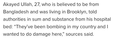New York @nypost, terör saldırısı girişiminde bulunma nedeni konusunda: \[Akayed Ullah] yetkililere hastane yatağından şunları söyledi: \Ülkemi bombaladılar ve buraya zarar vermek istedim\